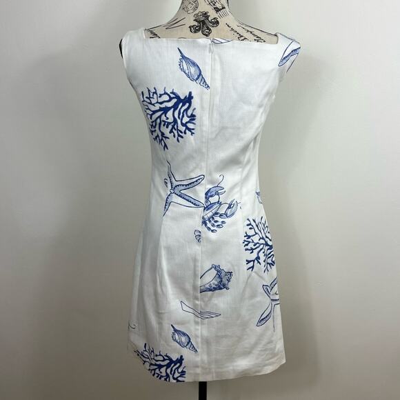 Launch Square neck wide strap white and blue sea themed bodycon mini dress - Picture 2 of 7